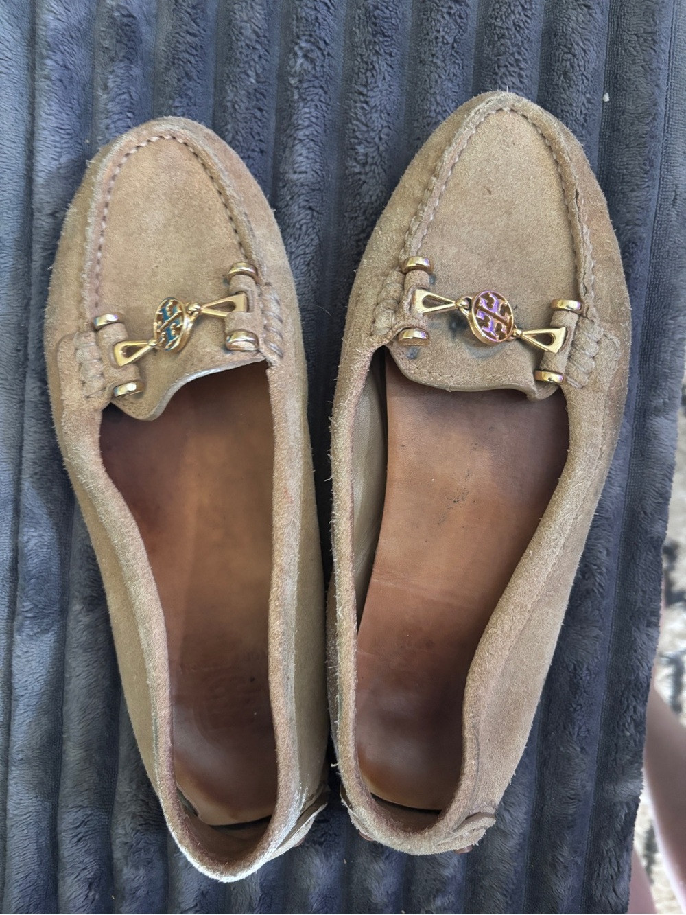 Tory Burch Tan Suede Loafers with Gold Logo Bit